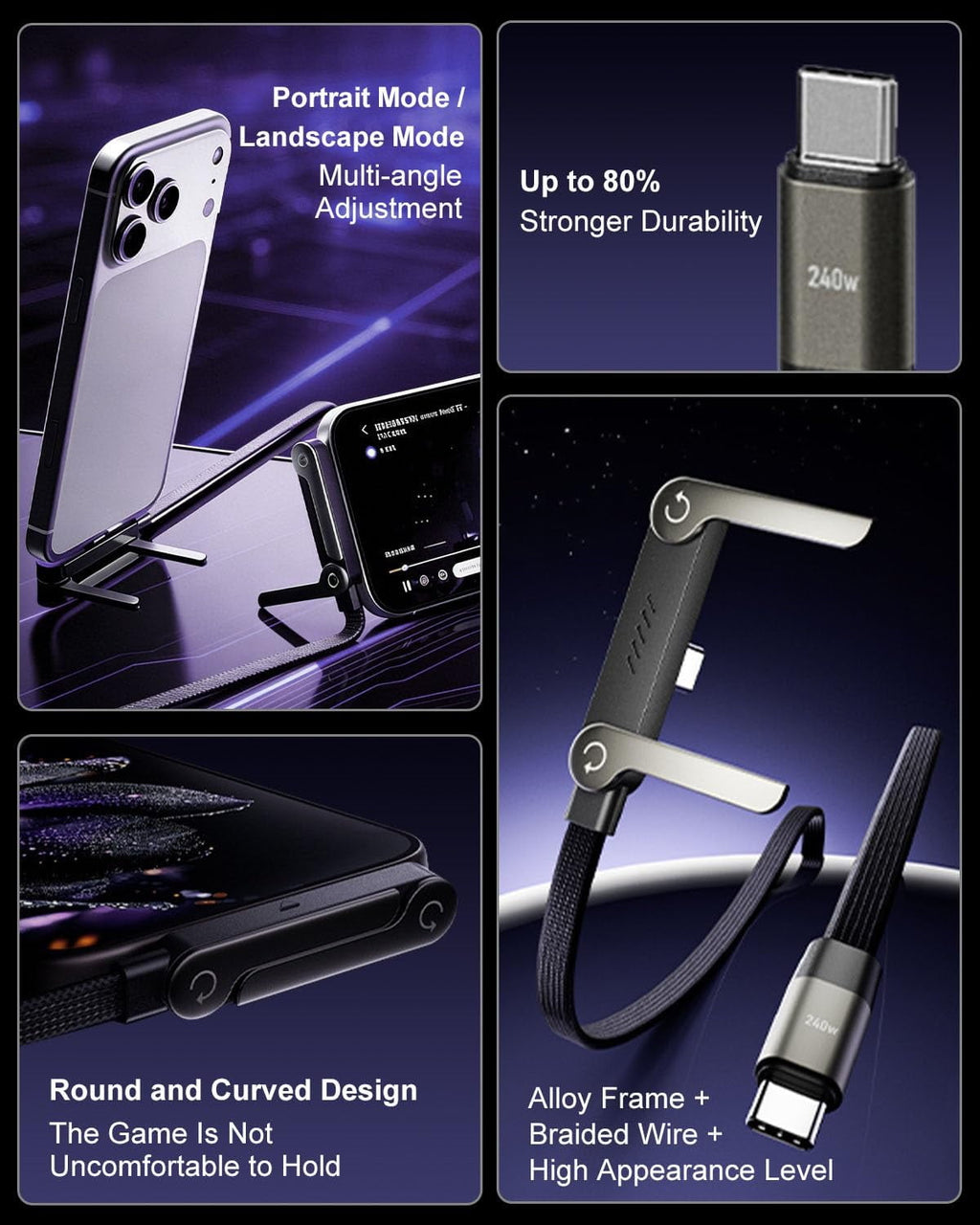 240W 2-in-1 Fast Charging Type-C Data Cable with Built-in Phone Stand-1.5m length