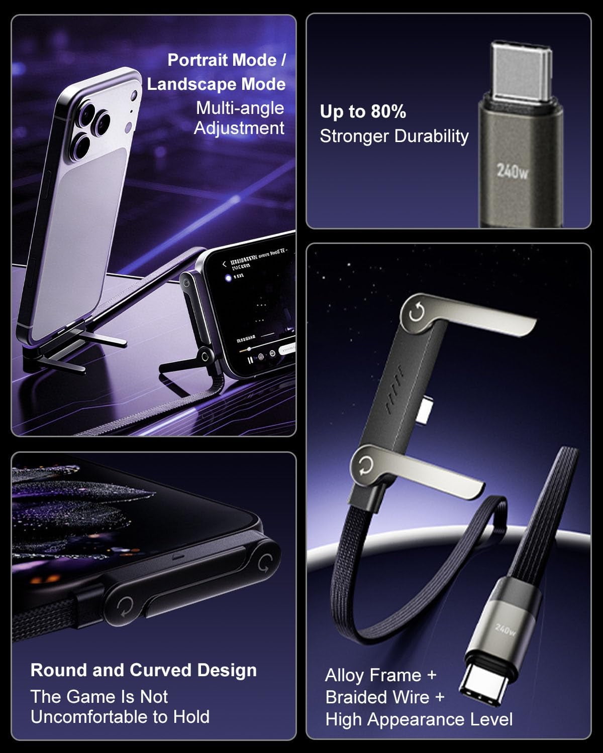 240W 2-in-1 Fast Charging Type-C Data Cable with Built-in Phone Stand-1.5m length