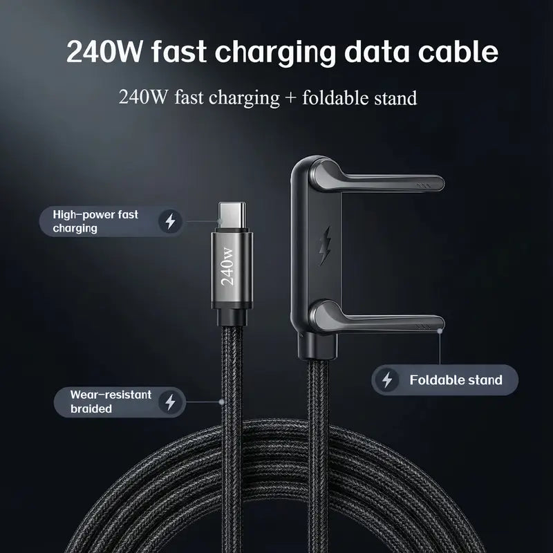 240W 2-in-1 Fast Charging Type-C Data Cable with Built-in Phone Stand-1.5m length